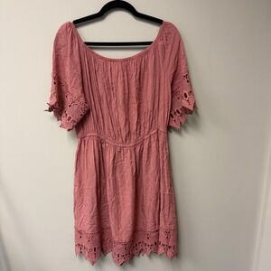 Iris Dusty Rose Pink Boho Crochet Lace Trim Off-The-Shoulder Mini Dress Sz 3XL